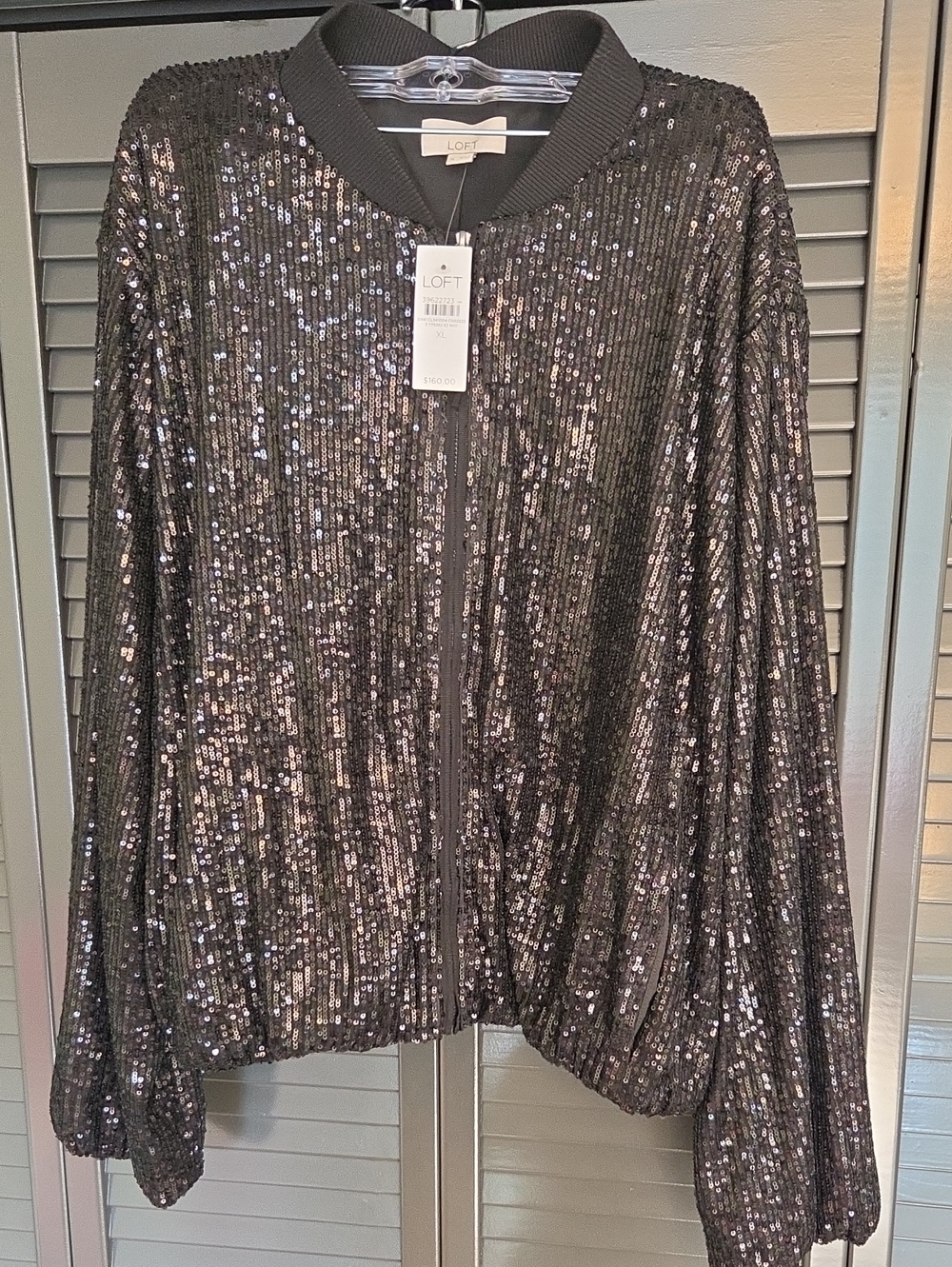 LOFT Black Sequin Zip-Front Bomber